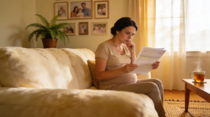 A pregnant woman thinks seriously about surrogate reimbursements with Babytree Surrogacy, showing some concern as she reads. babytree